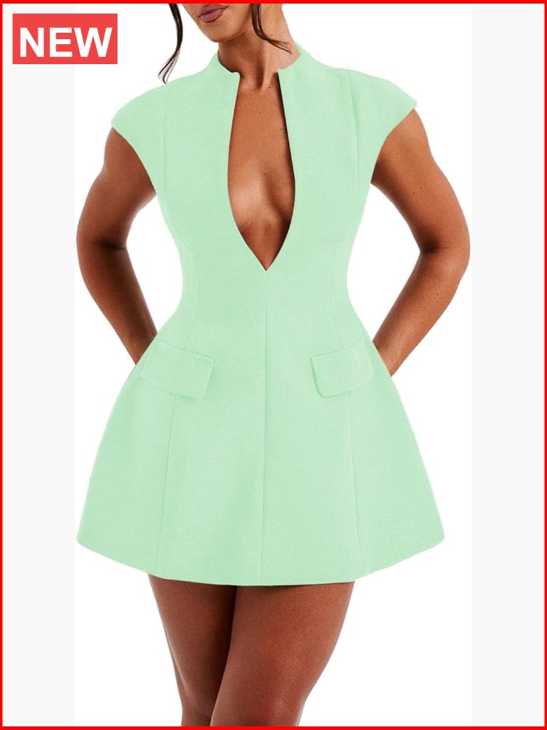 Cap Sleeve Deep V Neck Zipper A-Line Mini Dress Club Night Out Polyester Spandex